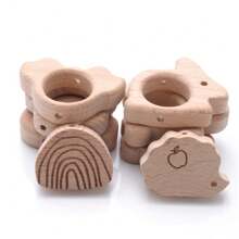 5 件未上漆山毛榉木 DIY 动物形状珠子，激光雕刻卡通蝴蝶和兔子洞工艺品 - 駝色 - 查看 4