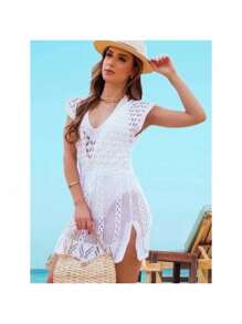Saida De Praia Trico Fendas Laterais Acinturada Decote V Com Cordão Rendada | Santo Luxo Tricot - Branco - Visão 2