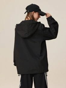 Women's Black Woven Hooded Jacket With Drawstring And Zipper Pockets, Long Sleeve, Regular Length, Casual Outerwear With No Stretch