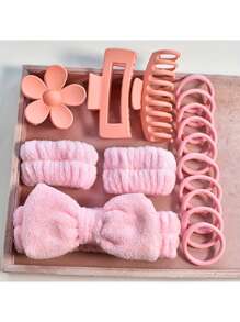 16 件装柔软蝴蝶结头带、腕带、塑料发夹、洗脸发饰套装、美发工具、旅行必需品 - 彩色 - 查看 3