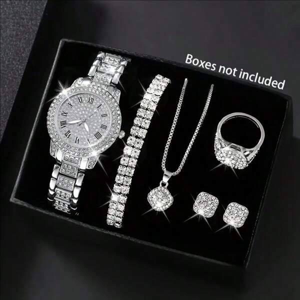 Juego de 7 piezas de reloj de pulsera de cuarzo elegante y joyas, que incluye un reloj de señora de forma redonda, un collar de strass, pendientes, anillo y pulsera (sin caja)