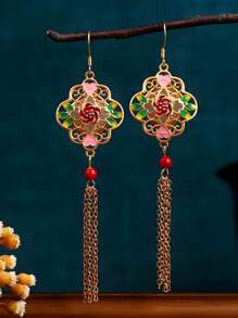 1 Pair New Chinese Style National Elements Earrings, 24k Gold-Plated Enamel Painting, Fashionable & Versatile Retro Vintage Earrings, Suitable For Daily Wear, Dates, Gatherings, Commuting, Parties, Dances. Elegant And Unique, Great Mother's Day, Teachers Day Gift, High-End Bohemian Fashion Jewelry