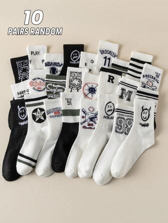 10 双/包男女通用随机款式春秋趣味字母动物图案简约百搭运动中筒袜