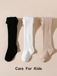 3pcs Girls Solid Color Leggings, Striped Tights, Simple & Versatile Children's Stockings, Stretchy & Comfortable, All Seasons