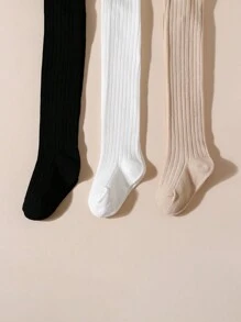 3pcs Girls Solid Color Leggings, Striped Tights, Simple & Versatile Children's Stockings, Stretchy & Comfortable, All Seasons