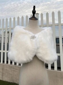 1pc Women's White Short Vintage Minimalist Shawl With Rhinestone Decor, Warm And Suitable For Party, Wedding Dresses, Autumn/Winter Warm Plush Shawl