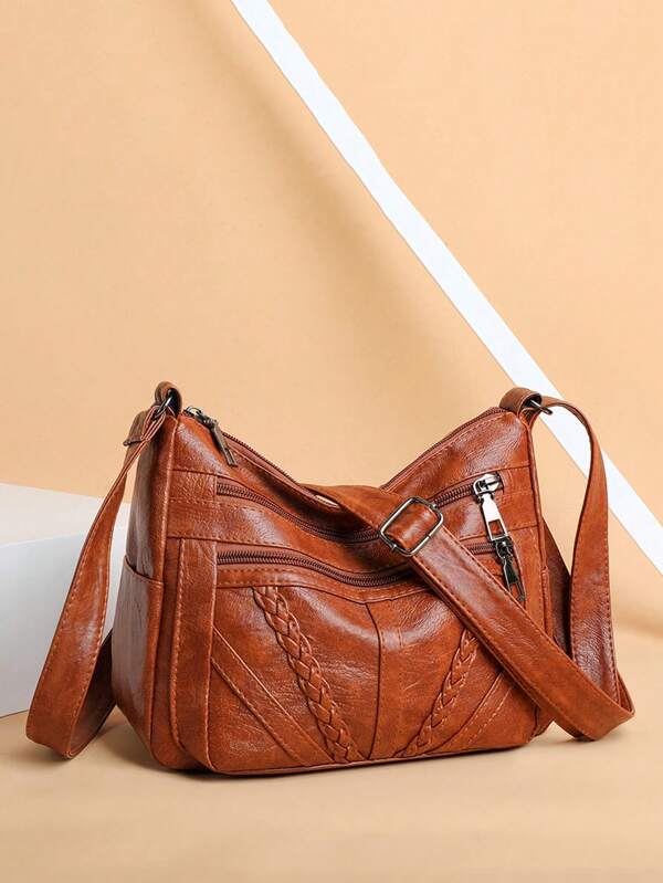 Soft Vegan Leather Crossbody Bag, Fashion Woven Decor Wallet, Women Multi-Zipper Shoulder Bag