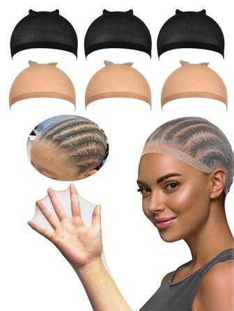 Cuffie per parrucche, 1/3/6 pezzi di cuffiette in nylon elastiche per parrucche, cuffie per parrucche frontali in pizzo, cuffie per capelli, cuffie per parrucche da donna antiscivolo, cuffie per parrucche da donna per capelli lunghi, cuffie in nylon per parrucche da donna, cuffie a calza per donna e uomo, nero, marrone chiaro