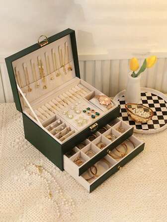 1 件可上锁珠宝盒，多层仿珍珠锁式珠宝盒，带 3 个抽屉，PU 皮革优雅可上锁 3 层珠宝收纳盒，用于存放耳环、戒指、手表、手镯和其他配饰，送给精致朋友的理想礼物，抽屉隔板，组织，香水，香水收纳盒，卧室，化妆品收纳盒，化妆品收纳盒，存储，化妆架，化妆刷架，梳妆台，适用于假日海滩，浴室收藏，卧室收藏，大容量