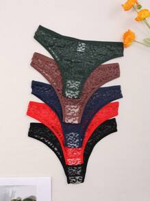 5 pezzi/confezione Slip bikini senza cuciture in pizzo a vita bassa elasticizzata per donna