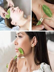 2 Pezzi Rullo di giada e raschietto Gua Sha per massaggio facciale, occhi, collo e corpo, per levigare linee sottili e rughe, giada naturale con colori leggermente diversi