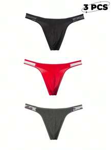 3 Pack Men's Cotton Thong Sexy G String Low Rise T-Back For Sports Black/Grey/Red - Black/Red/Grey - View 1