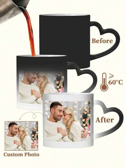 1Pc 11 Oz Custom Photo Color-Changing Heart-Shaped Mug, Personalized Photo Coffee Mug, Heat Sensitive Color Changing, Personalized Photo Anniversary Mug, Housewarming Gift, Valentine's Day Gift, Anniversary Gift, Graduation Gift, Mother's Day Gift, Father's Day Gift, Ideal Gift For Dad/Mom/Grandma/Grandpa, Unique Gift For Wife/Husband, Perfect Gift For Boyfriend., Multi-Functional, Adjustable, Durable, Ornamental, Stylish, Ideal Gifts For Him, Ideal Gifts For Her, Boyfriend, Friends