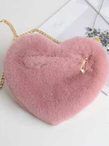 女士温柔多色爱心形休闲兔毛链条斜挎包，桃心包，时尚毛绒迷你手机口红包情人包 - 彩色 - 查看 9