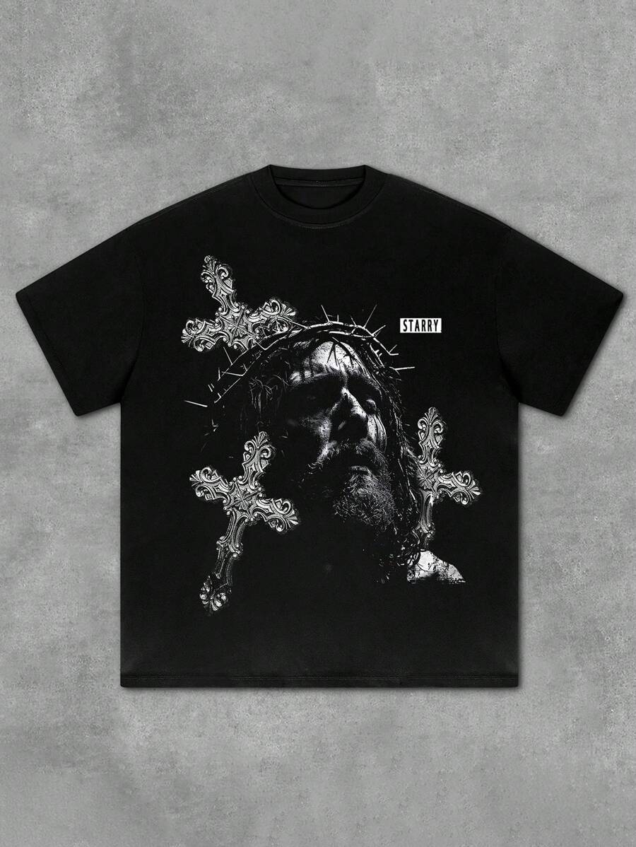 1 pieza Camiseta de moda holgada y oversize para hombre, serie religiosa de la cruz de Jesús, uso casual de todos los días, unisex, ropa urbana