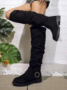 Women's New Arrival Knee High Boots, Fashion Solid Colors Black Grey Brown Orange Blue Beige Round Toe, Comfortable Thermal Lined Non-Slip Flat Buckle Decor Pleated Casual Tall Boots For Autumn/Winter,Party - Black - View 5