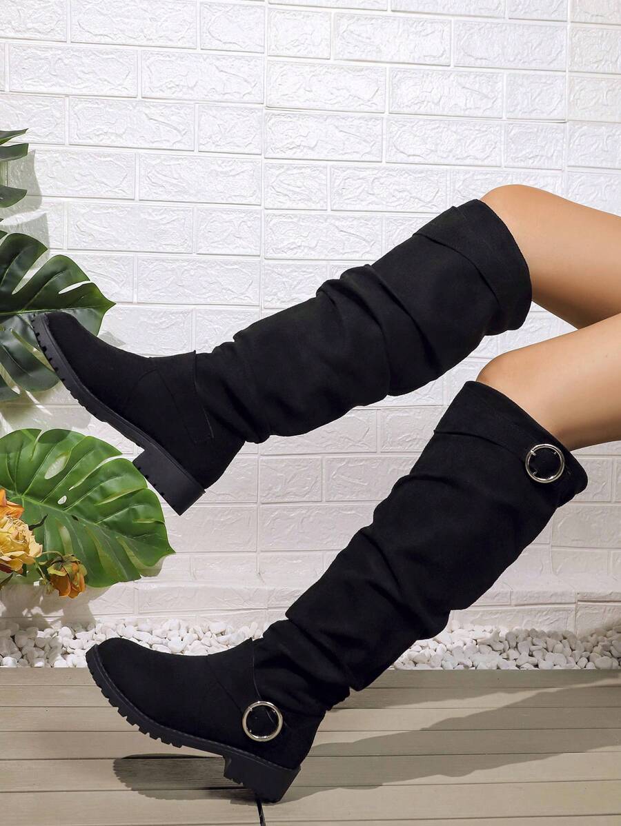 Women's New Arrival Knee High Boots, Fashion Solid Colors Black Grey Brown Orange Blue Beige Round Toe, Comfortable Thermal Lined Non-Slip Flat Buckle Decor Pleated Casual Tall Boots For Autumn/Winter,Party