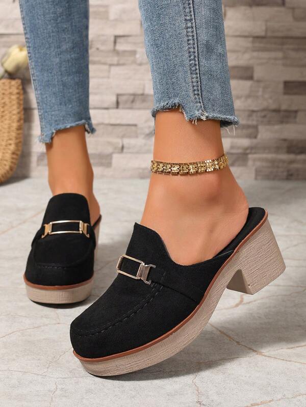 Scarpe casual da donna con punta chiusa, tacco alto, slip-on, con fibbia a cintura, mule alla moda, eleganti, per l'autunno/inverno