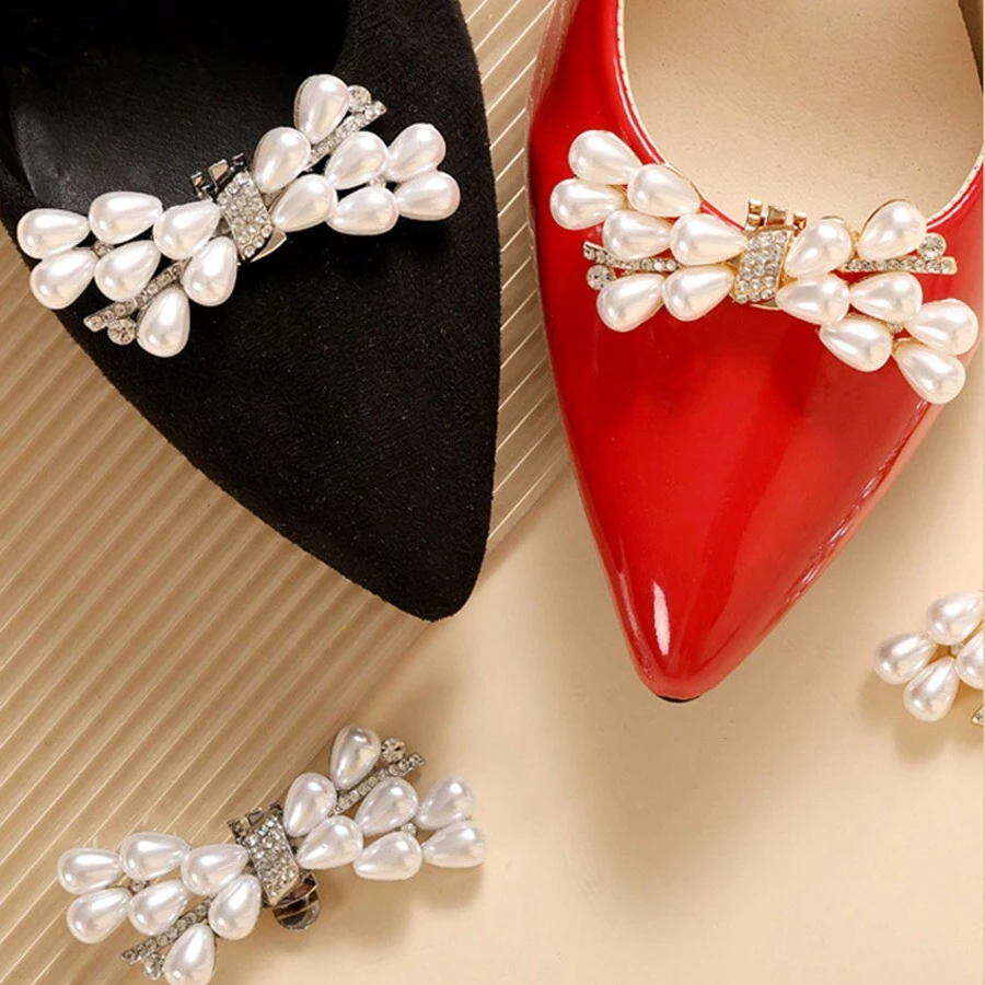 2pcs Pearl Versatile Bow Shoe Clips, Decorative Accessories With Rhinestones For Fashion Wedding High Heels