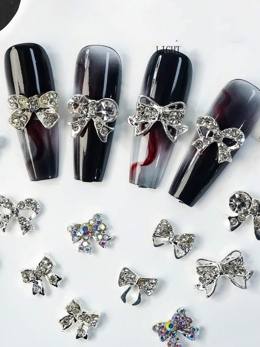 Nơ bạc sáng bóng, Bùa hộ mệnh hình con bướm, Phụ kiện trang trí móng tay bằng đá pha lê 3D, Mẹo tự thiết kế phụ kiện - Bạc - Xem 1