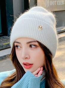 针织帽女士新款秋冬季保暖内衬加厚百搭针织帽大头围毛线帽保暖护耳冷帽字母波西米亚休闲优雅复古街头派对涤纶贴布毛线帽秋冬季