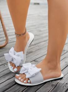 Dép sandal nữ mùa hè thoải mái có nơ trang trí, dép bệt hở mũi thời trang giản dị, giày đi biển ngoài trời bằng vải mũi tròn - trắng - Xem 6