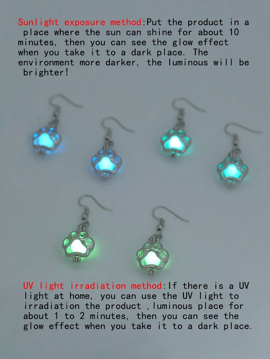 Nooxian 1 Cặp bông tai mặt dây chuyền hình bàn chân mèo rỗng dễ thương sáng tạo thời trang, quà tặng trang sức cho phụ nữ (Phát sáng sau khi hấp thụ ánh sáng, sẽ không phát sáng nếu không hấp thụ ánh sáng) - Bạc - Xem 1