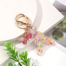 Cute 1 Neutral A-Z Colored Heart-Shaped Glitter KC Gold Keychain, DIY Resin Capital Letter Wallet Keychain, Handbag Decoration, Christmas Gift Valentines - 玫紅色蝴蝶 - 查看 38