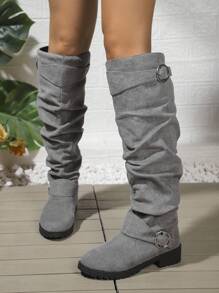 New Women Winter Over-The-Knee Boots, Fashion Black/Grey/Brown/Orange/Blue/Khaki Round Toe Comfy Fleece Non-Slip Flat Buckle Ruched Casual Tall Boots,Party - Grey - View 5