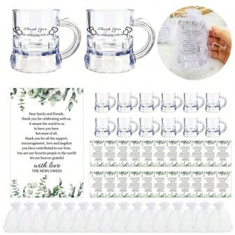 Wedding Item, 20 Sets Mini Plastic Beer Mugs For Wedding Favors For Guests, 1 Oz Clear Plastic Reusable Beer Glasses With Thank You Cards With Organza Bags And Sticker(Thank You For Celebrating With Us) For Bridal Shower