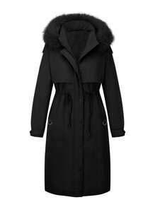 Risissida Women's Autumn/Winter Detachable Faux Fur Collar Thickened Down Jacket, Zipper/Button Closure, With Pockets - Black - View 6