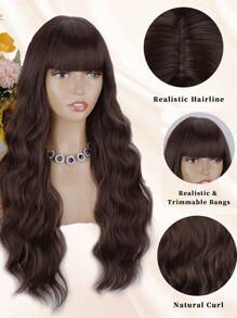 Chocolate Brown Body Wave Wig With Bangs For Women, 180% Density , 24Inch,Rose Net Cap, Elegant Full Machine Made  Suitable For All - 巧克力棕 - 查看 4