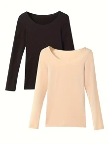 2pcs Set Solid Color Seamless Ultra-Thin Thermal Underwear Autumn And Winter Long Sleeve Round Neck Tops Women's Casual Wear And Underwear
