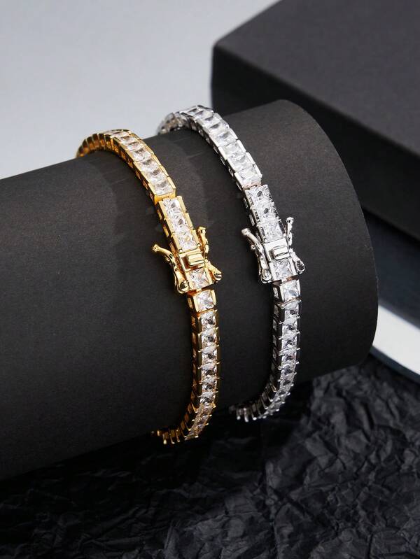 1pc Platinum & 18K Gold Plated Artificial Zirconia Unisex Hip Hop Bracelet, 17cm/18cm/19cm, Gift For Party & Daily Wear