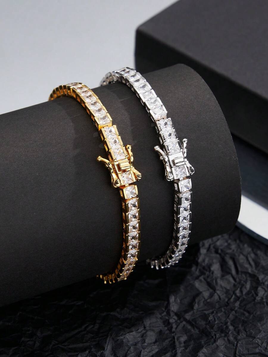 1pc Platinum & 18K Gold Plated Artificial Zirconia Unisex Hip Hop Bracelet, 17cm/18cm/19cm, Gift For Party & Daily Wear