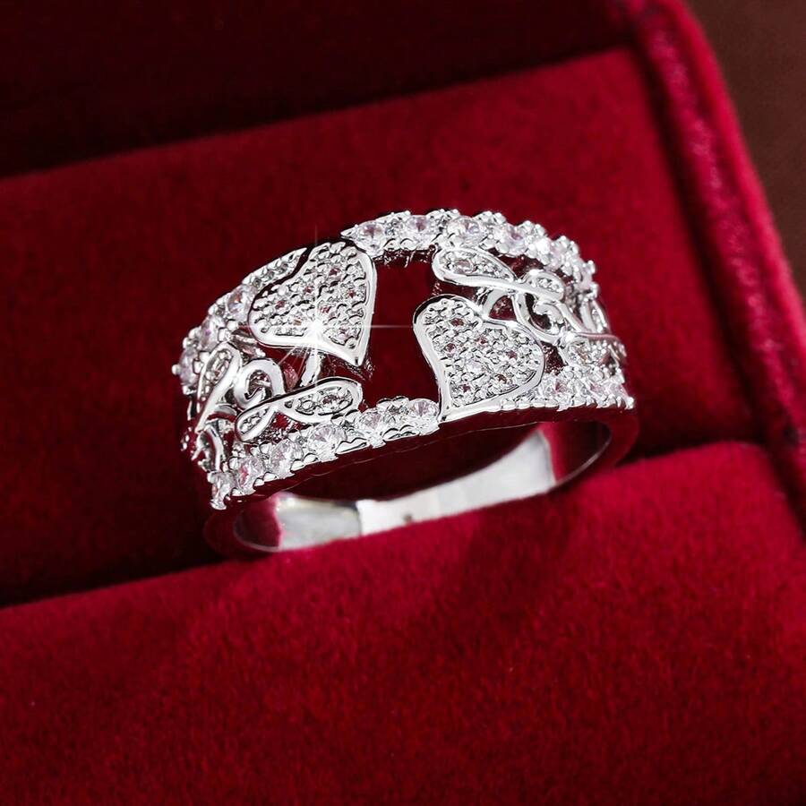 1 件优雅心形 CZ 镶嵌女士戒指 - 彩色 - 查看 1