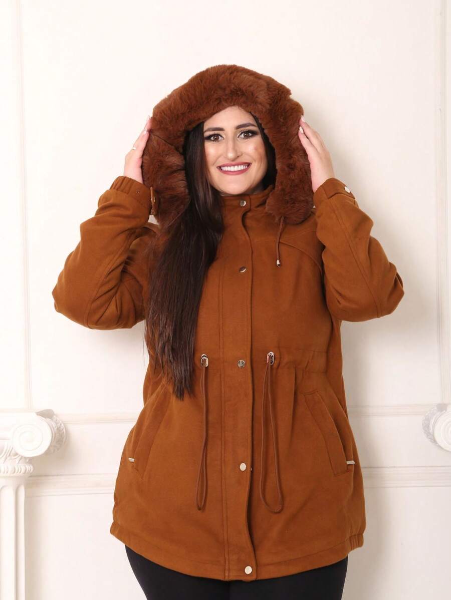 PARKA OVERCOAT WOMEN'S PLUS SIZE COAT FROM LA BATIDA SUPER STYLISH WITH REMOVABLE HOOD AND ADJUSTMENT AT THE WAIST PREMIUM CURVE PIECE - 駝色 - 查看 1