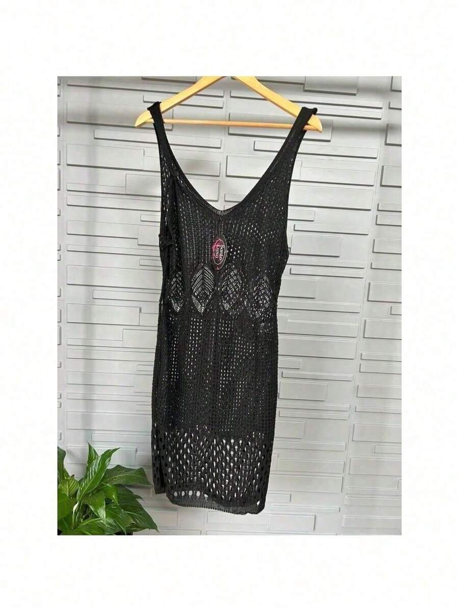 Plus Size Lace Beach Cover-Up With Holes And Adjustable Drawstring Straps With Slits Santo Luxo Tricot - 黑色 - 查看 1