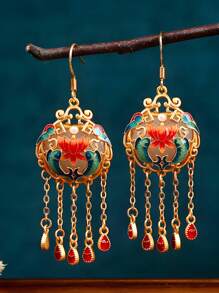 1 Pair New Chinese Style National Elements Earrings, 24k Gold-Plated Enamel Painting, Fashionable & Versatile Retro Vintage Earrings, Suitable For Daily Wear, Dates, Gatherings, Commuting, Parties, Dances. Elegant And Unique, Great Mother's Day, Teachers Day Gift, High-End Bohemian Fashion Jewelry