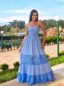 Women's Long Dress With Lastex Tie Straps On The Bust And Lace Details - 藍色 - 查看 2