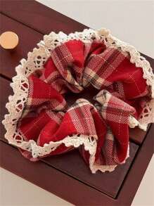1个复古红色格子发圈，菱形千鸟格双色格纹波西米亚风涤纶弹力发圈，适合女士和女孩休闲佩戴，四季皆宜的情人节发圈，可作礼物或马尾辫发饰