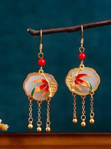 1 Pair New Chinese Style National Elements Earrings, 24k Gold-Plated Enamel Painting, Fashionable & Versatile Retro Vintage Earrings, Suitable For Daily Wear, Dates, Gatherings, Commuting, Parties, Dances. Elegant And Unique, Great Mother's Day, Teachers Day Gift, High-End Bohemian Fashion Jewelry