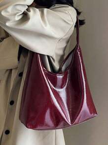 女士复古简约纯色酒红色仿油蜡裂纹皮革轻便大容量云褶单肩包、斜挎包、女士休闲手提包，适合通勤、工作、街头和派对，时尚勃艮第包 Charry 红色包酒红色包 - 酒紅色 - 查看 3