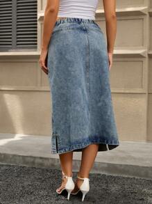 女式中长裙，优雅时尚弹力刺绣牛仔裙 - 中等水洗藍 - 查看 7