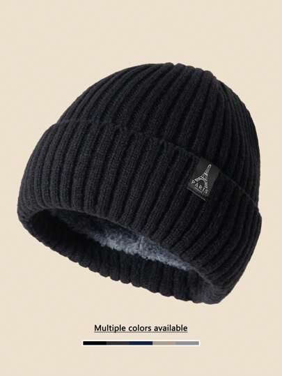 1 件男女通用巴黎埃菲尔铁塔纺织补丁纯色针织帽，男/女冬季保暖厚衬里柔软舒适简约时尚帽子适合寒冷天气秋季装