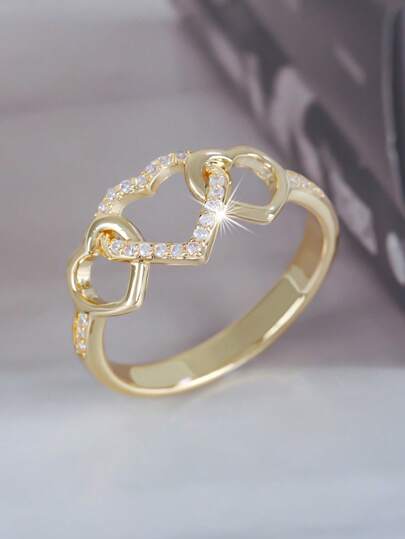 1pc Elegant Romantic Interlocking Heart Shaped Zirconia Inlaid Ring For Women, Suitable As Valentine's Day, Anniversary Gift, Engagement, Wedding Ceremony Decoration
