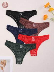 5 pezzi/confezione Slip bikini senza cuciture in pizzo a vita bassa elasticizzata per donna
