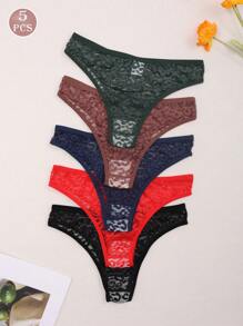 5 pezzi/confezione Slip bikini senza cuciture in pizzo a vita bassa elasticizzata per donna