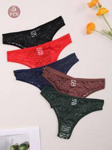 5 pezzi/confezione Slip bikini senza cuciture in pizzo a vita bassa elasticizzata per donna