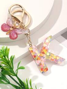 Cute 1 Neutral A-Z Colored Heart-Shaped Glitter KC Gold Keychain, DIY Resin Capital Letter Wallet Keychain, Handbag Decoration, Christmas Gift Valentines - 玫紅色蝴蝶 - 查看 2